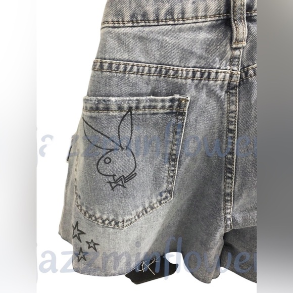 Playboy blue jeans shredded distressed hem bunny logo denim shorts size 11 new‎ - Picture 10 of 16